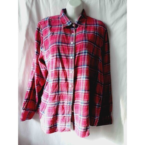 Lands End pink plaid large button front flannel top - Picture 1 of 4